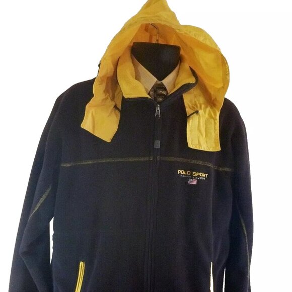 Men M Polo Sport Ralph Lauren Navy Yellow Polartec Thermal Fleece Zip Hood